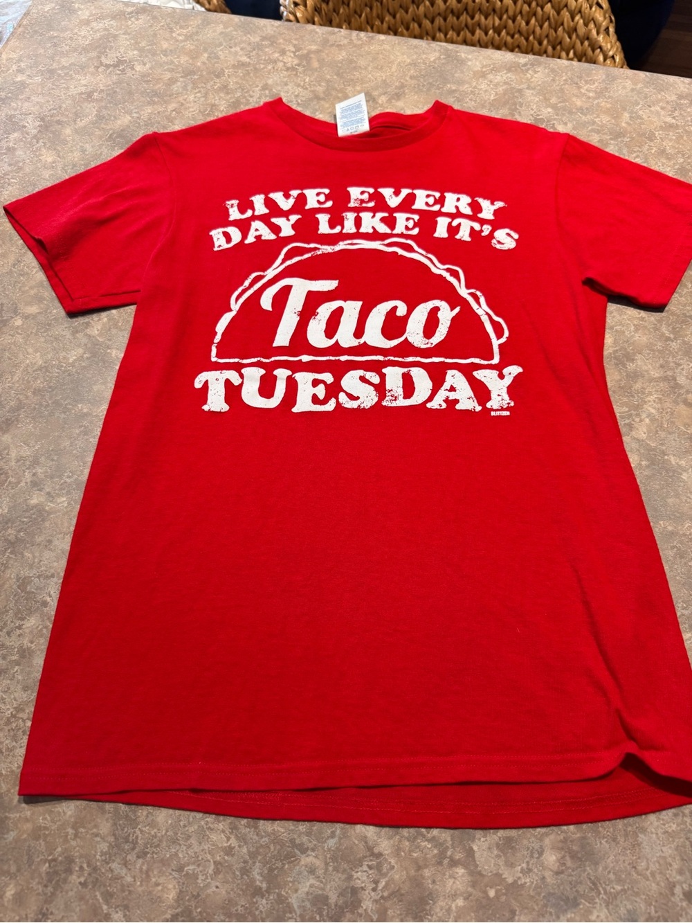 Delta Red Short Sleeve Tee with White "Taco Tuesday" Graphic